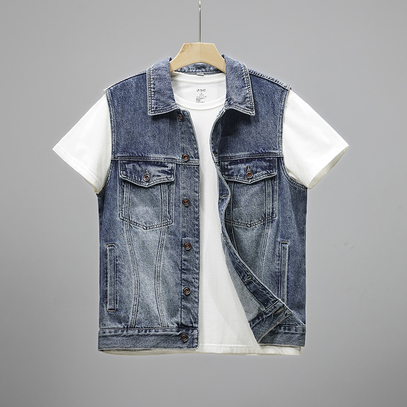 Spring and Autumn New Embroidered Denim Vest for Men, Trendy Brand, Stylish Washed Slim Fit Biker Vest, Versatile Sleeveless Tank Top for Men