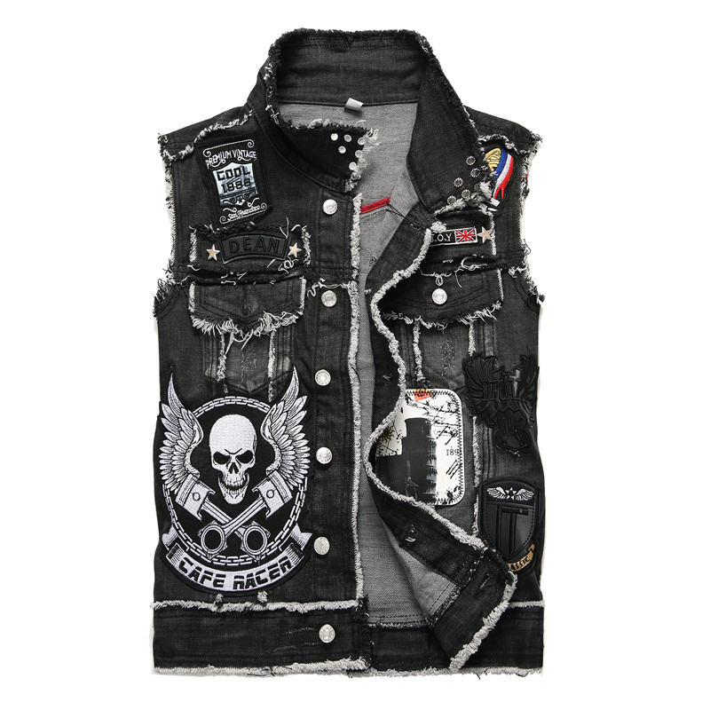 European and American Style Skull Embroidered Denim Vest for Men with Frayed Edges and Rivet Decoration, Sleeveless Jacket Vest Top