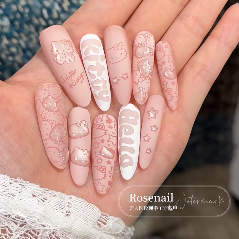 Peach Milk Cat Kitty Hand-Painted Cute Wearable Nails Pure Handmade Removable Fake Nails Nail Art Stickers C17