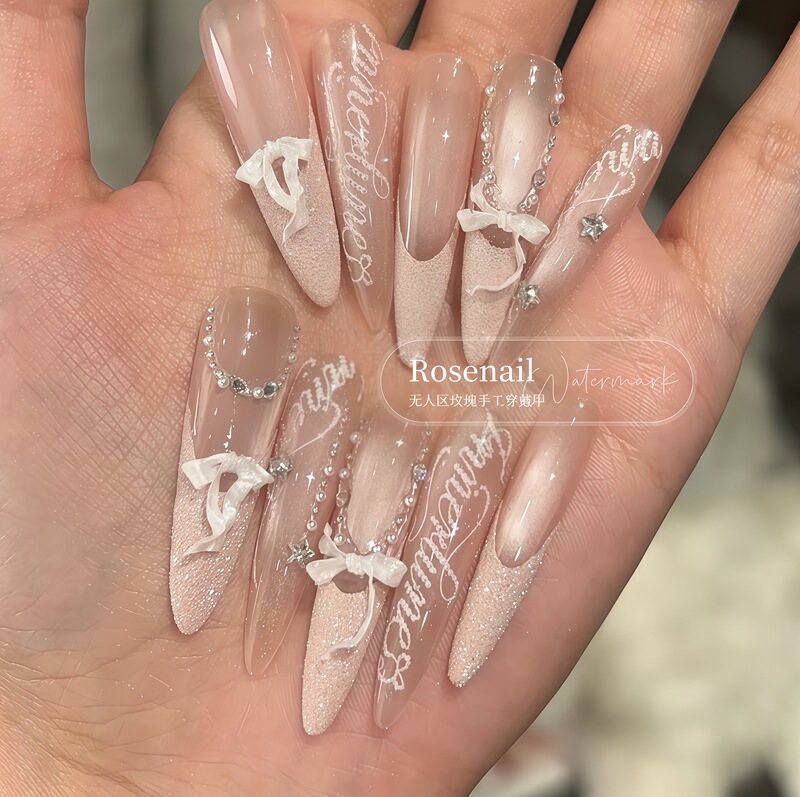 Sugar Girl Style Sparkling Long Wearable Nails with Rhinestone Letters French Manicure Nail Stickers Removable Fake Nails
