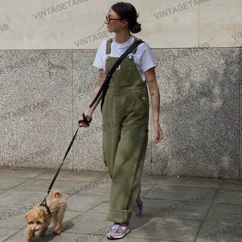 Ретро зеленый японский джинсовый комбинезон, штаны, свободный крой