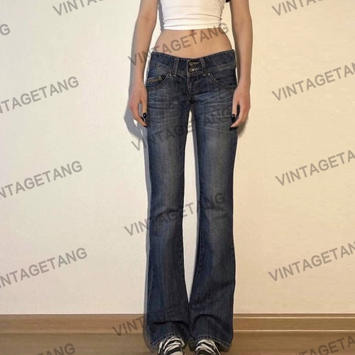 Vintagetang American Retro Hot Girl Low -Waiast Low -Haisted Micro -Mop Jeans Girl Flared Brants Брюки нарезанные брюки Xiao Yidong