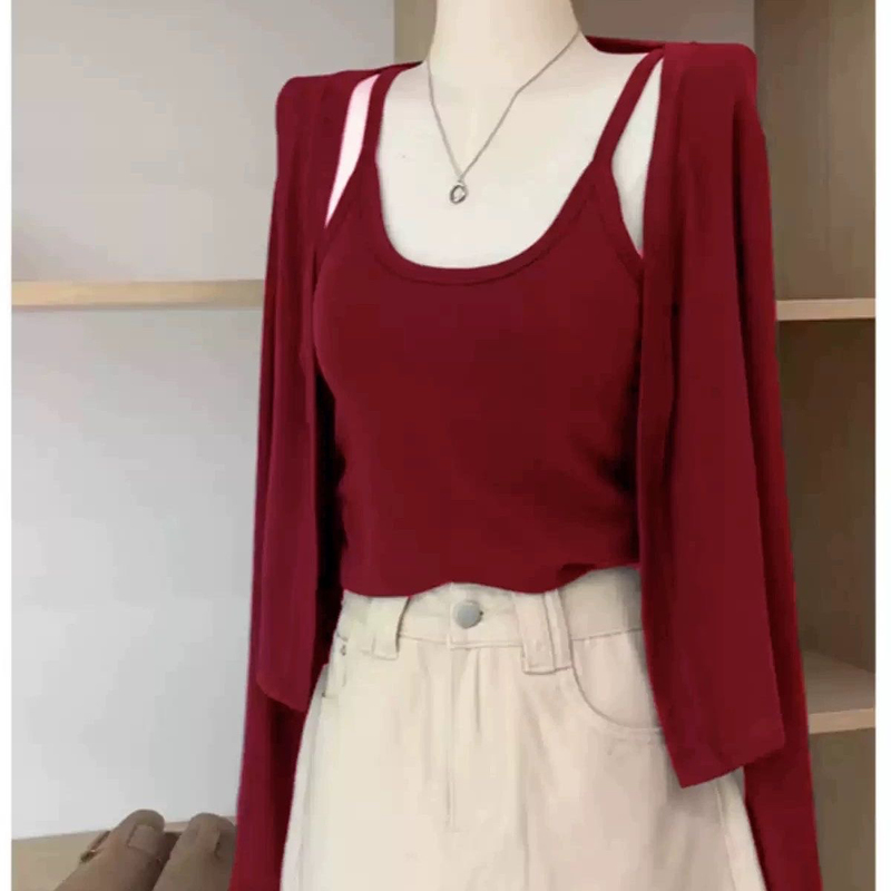 2025 Early Autumn New Arrival Camisole Long Sleeve Hot Girl Two-Piece Cardigan Top Set for Women ins