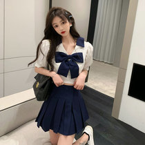 majealure summer college wind days jk uniforms women sweetness navy wind short sleeve plexigo dresses two sets