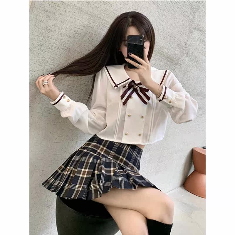majealure college wind JK uniform suit 22 years new school uniform shirt plaid half body dress Two sets