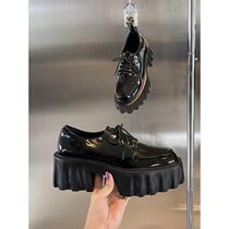 Inlen Wind Thick Bottom Plus Suede Single Shoes Women Majealure Autumn Winter Round Head Lacing Jk Pine Pastry Shoes Black Small Leather Shoes