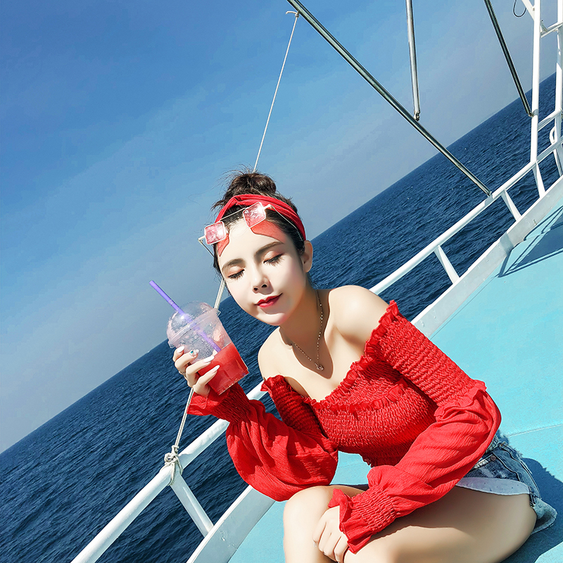VK旗艦店 韓國風短版性感百搭V領一字領修身顯瘦長袖上衣