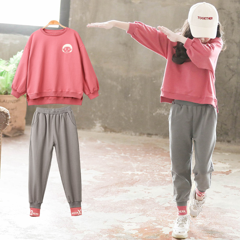 Children's Clothing Girl Spring Clothing Suit 2022 New Grand Child Foreign Pie Spring Autumn Money Children Sports Plus Suede Net Red Two-piece Set