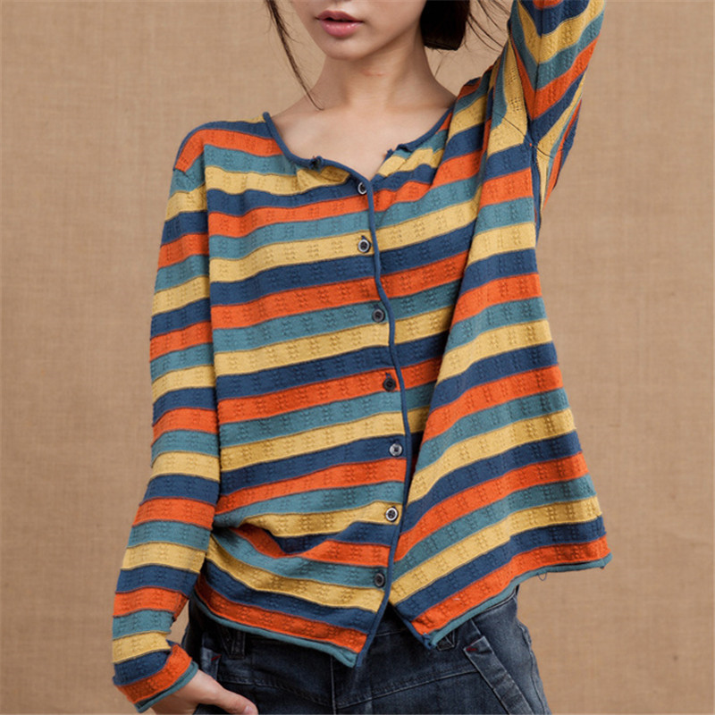 Pure Cotton Striped Cardigan for Women, Button-Down, Loose Fit, Low Round Neck, Single-Breasted Knit Sweater, Casual and Versatile Style Pure Cotton Striped Cardigan for Women, Button-Down, Loose Fit, Low Round Neck, Single-Breasted Knit Sweater, Casual and Versatile Style