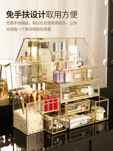 Стеклянная косметическая коробка для хранения, настольная помада для ухода за кожей, туалетный столик, легкий роскошный стиль