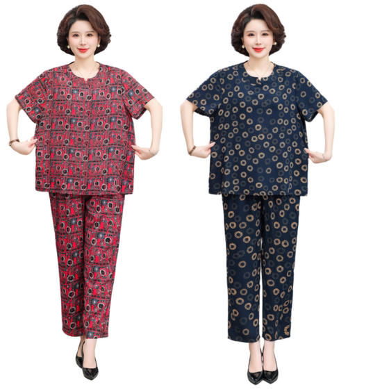 
Fat mother cotton silk suit plus fat plus large size short-sleeved grandma suit middle-aged and elderly summer top casual two-piece set
