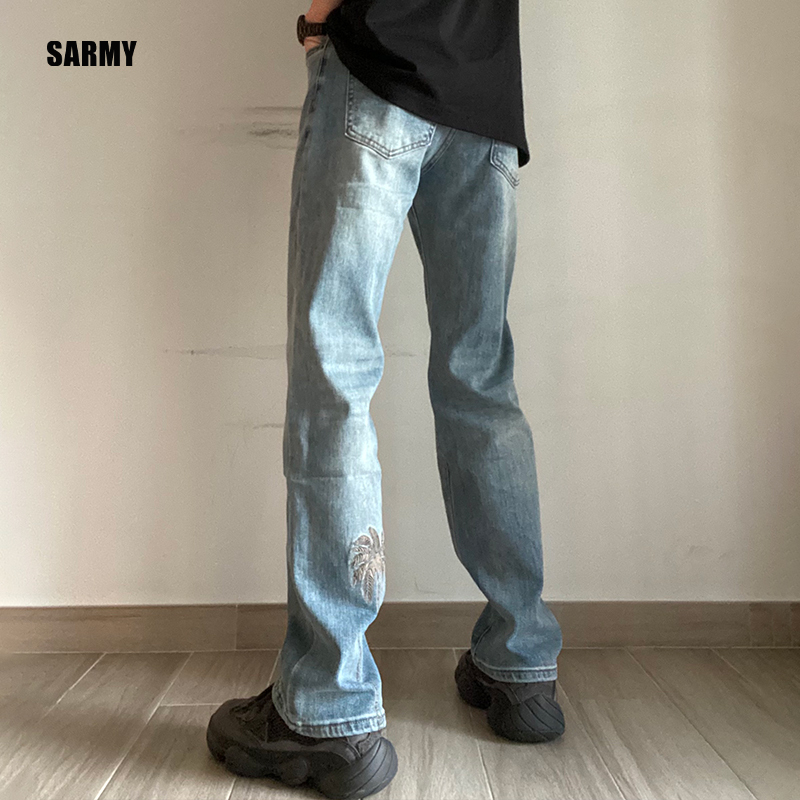 Sarmy Paired with Coconut 500 American High-Street Casual Blue Jeans with a Draping Straight-Leg Fit and Trendy Palm Tree Pattern Embroidery