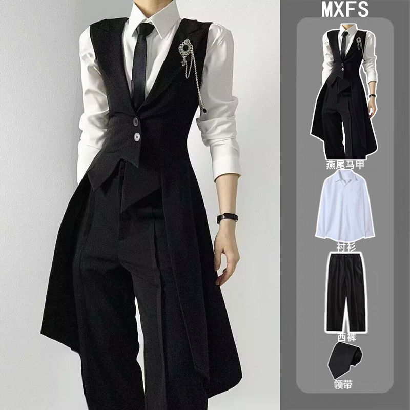 Black Long Tuxedo Vest, Stylish Unisex High-End Slim-Fit College Style Waistcoat