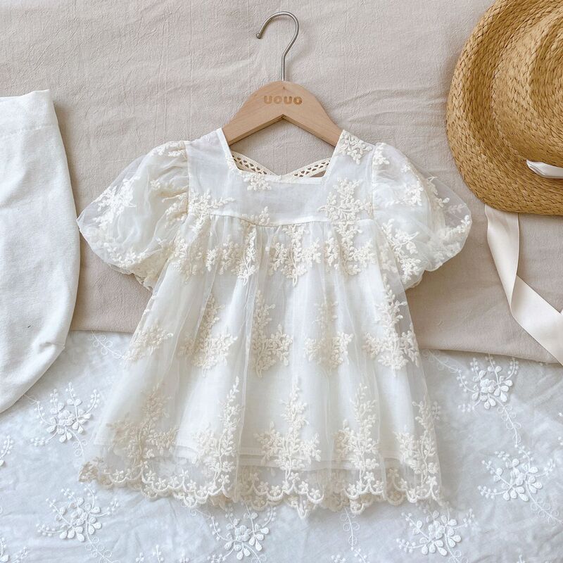 Girls' White Puff-Sleeve Lace Embroidered Short-Sleeve Stylish Princess T-Shirt Summer Thin Mesh Doll Shirt Top 3
