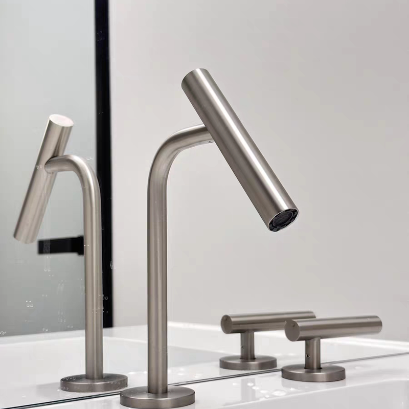 Stainless Steel Minimalist Bathroom Cabinet Faucet Brushed Nickel Basin Hot and Cold Dual-Hole Split Faucet All-Copper Bathroom
