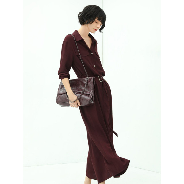 COCOBELLA temperament burgundy French dress women's texture pleated long-sleeved shirt skirt FR106