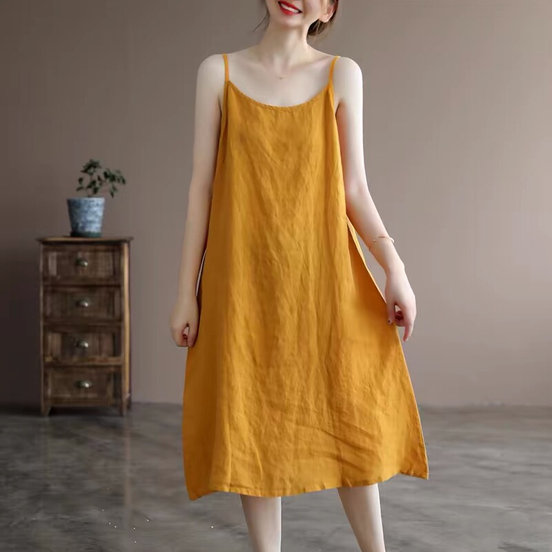 Cotton and Linen Plus-Size Camisole Nightgown for Women, Summer Thin Style, Petite Mid-Length Loose Sleeveless Tank Top Linen Dress Cotton and Linen Plus-Size Camisole Nightgown for Women, Summer Thin Style, Petite Mid-Length Loose Sleeveless Tank Top Linen Dress