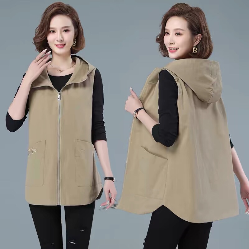 Casual Vest Jacket for Women, Mid-Length, 2026 New Spring and Autumn Loose Fit, Large Size, Versatile Vest with Hood
