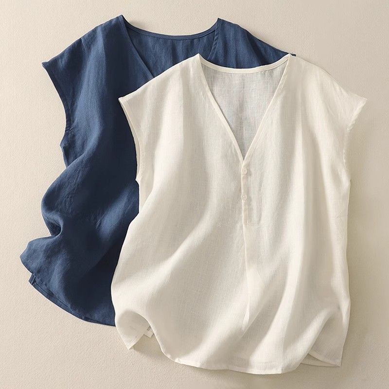 Plus-Size Cotton and Linen Tank Top for Women, New Summer Style, Casual and Versatile, Elegant V-Neck Shirt, Loose and Slimming Sleeveless Top Plus-Size Cotton and Linen Tank Top for Women, New Summer Style, Casual and Versatile, Elegant V-Neck Shirt, Loose and Slimming Sleeveless Top