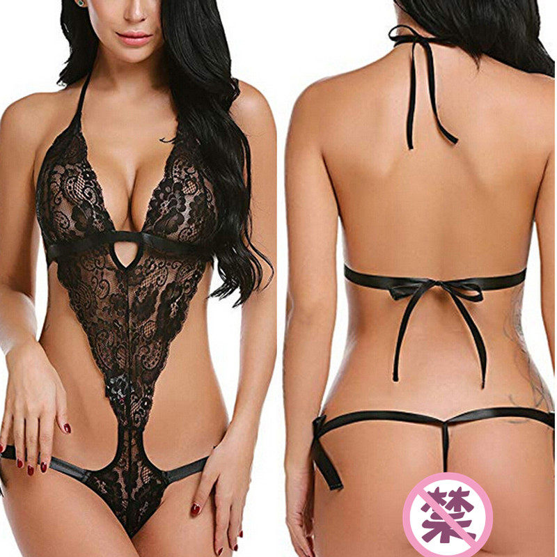 2019 new foreign trade Europe and the United States sexy bikini underwear perspective lace deep V three-point jumpsuit 829