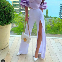 Autumn and winter 2021 simple high open Fork long leg wide leg pants high waist trousers casual elastic elastic hip pants womens pants