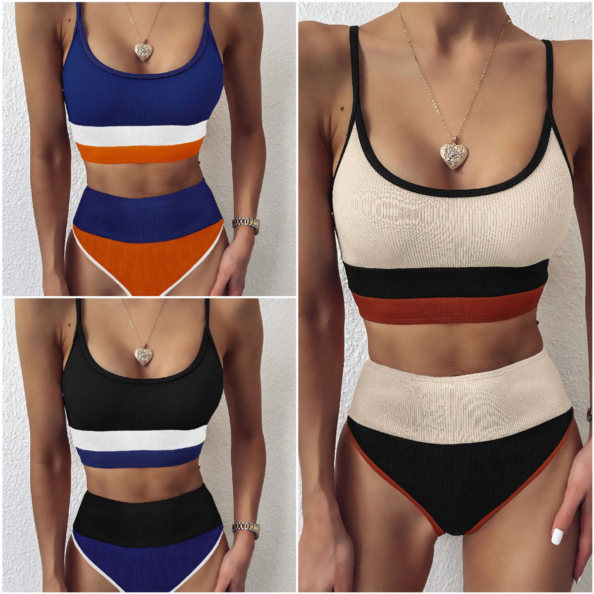 Color stripe bikini high waist two-piece swimsuit simple bikini Europe and the United States triangle thread swimsuit
