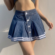 Fashion trendy College wind age age age striped skirt single-breasted pleated skirt sexy skirt high waist denim skirt women