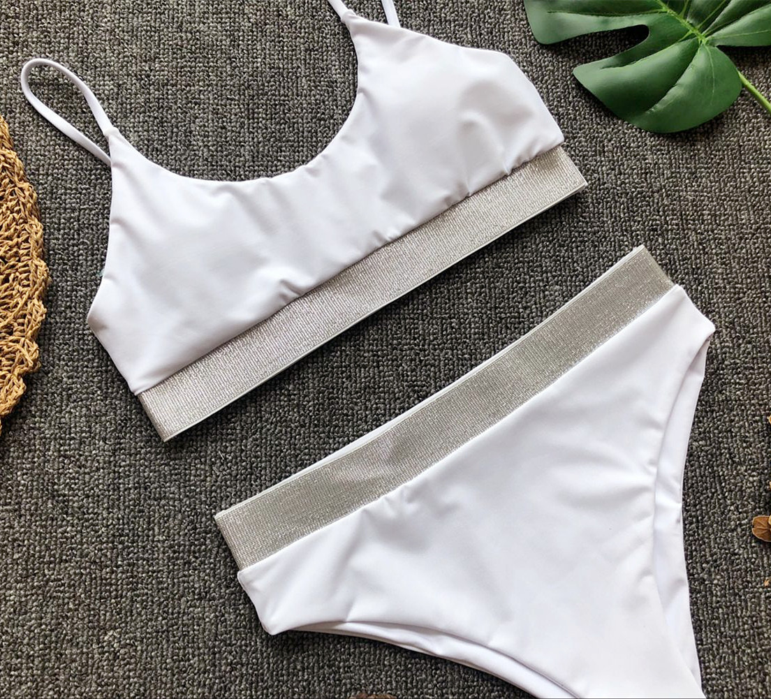 2018 Châu Âu và Mỹ gợi cảm bikini cạp cao bikini bikini nữ lấp lánh màu rắn rắn 	đồ bơi 2 mảnh quần