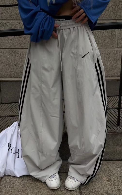 Mao2916 Summer New Two-Stripe Casual Scimitar Pants Women's American Style Wide-Leg Loose Drawstring Soft Quick-Dry Sports Pants Trendy