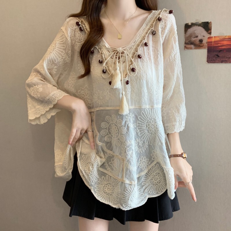 Bohemian Style V-Neck Lace-Up Embroidered Three-Quarter Sleeve Top for Women Plus Size Fat Mm2026 Summer Loose Shirt for Women