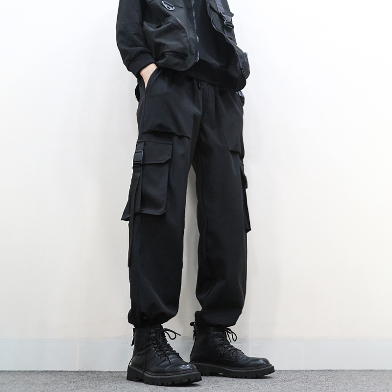 Men's Summer Thin Cargo Pants, Functional Black Paratrooper Pants, Outdoor Loose Straight-Leg Drawstring Jogger Pants