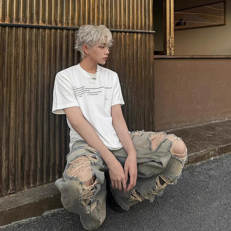 Ripped Jeans for Men, Straight-Leg, Loose, Wide-Leg, American High Street Style, Trendy Brand, Cool and Stylish Design, Distressed Pants Ripped Jeans for Men, Straight-Leg, Loose, Wide-Leg, American High Street Style, Trendy Brand, Cool and Stylish Design, Distressed Pants