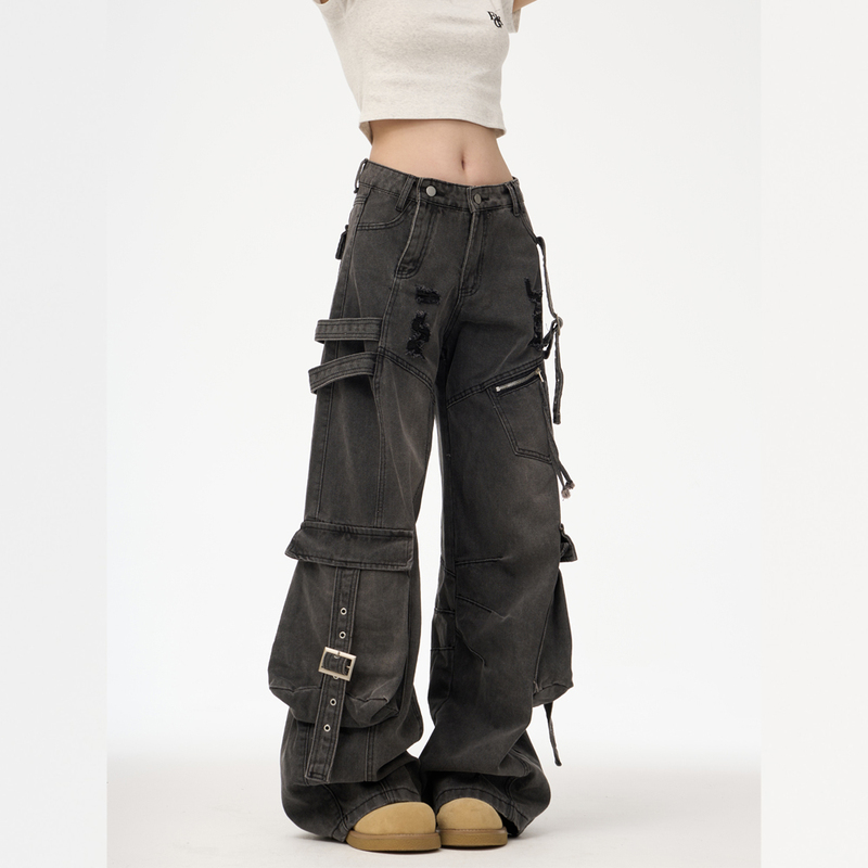 Multi-Pocket Workwear Jeans for Men and Women, Straight-Leg, Loose, Wide-Leg, American High Street Style Pants, Trendy Brand, Cool and Deconstructed Design