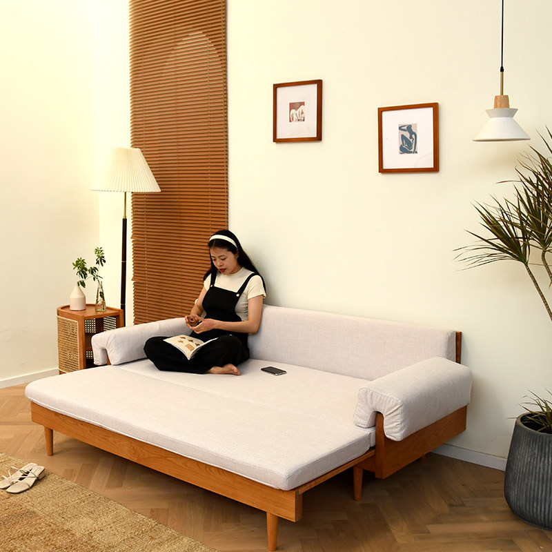 Nordic solid wood folding dual-purpose sofa bed multi-functional cherry wood arhat bed modern minimalist tatami push-pull bed