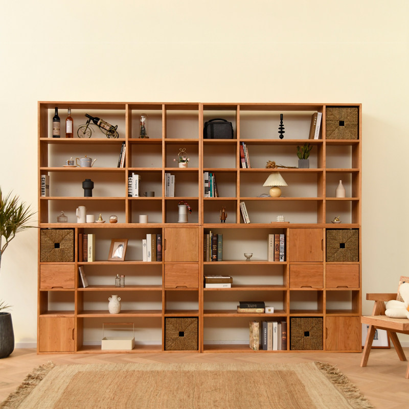 Nordic Cherry Wood Full Wall Custom Bookshelf Plaid Cabinet Solid Wood Log Show Floor Cabinet Shelve Combined Bookcase