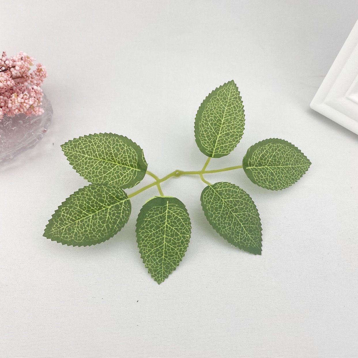 仿真花丝印玫瑰花叶花束两叉六片叶丝网花配饰DIY手工假花简约花详情6