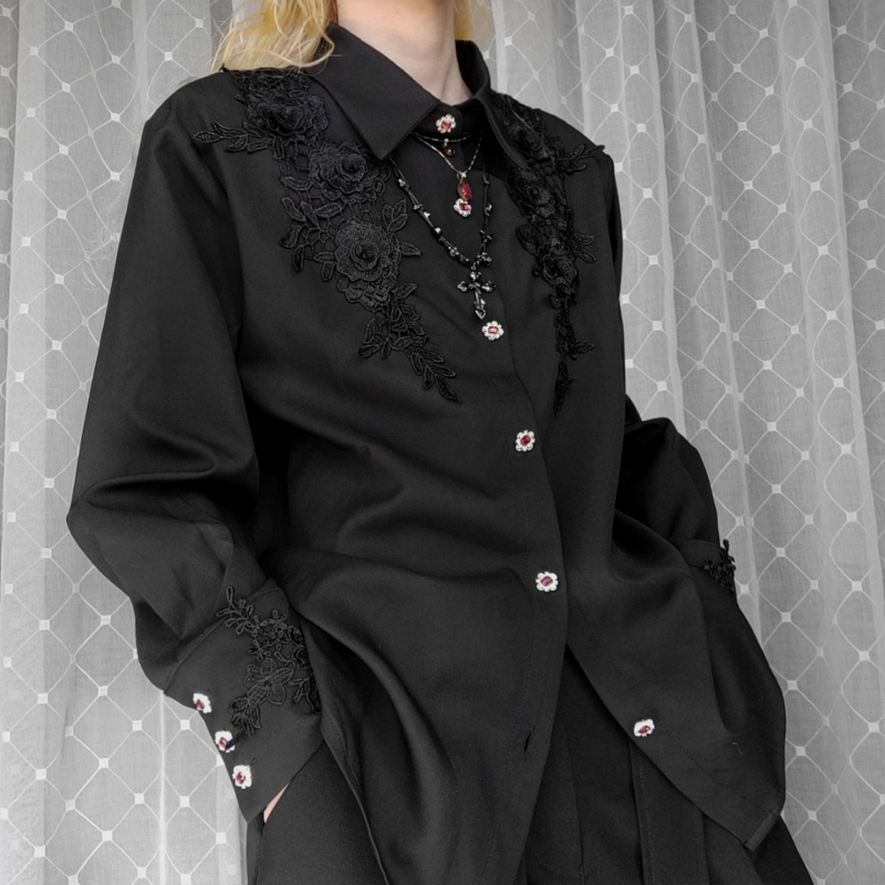 Ouro— "Da Ke Romantik" Ruby Palace-Style Dark Ascetic Three-Dimensional Floral Embossed Light Luxury Slim-Fit Shirt
