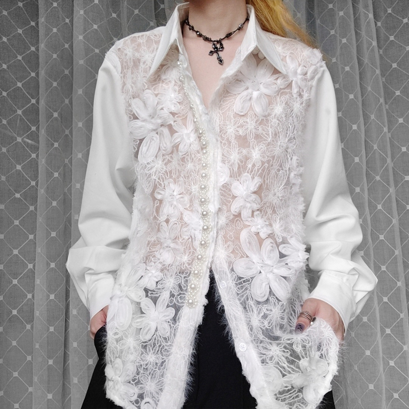 Ouro— "Wandering Minstrel" Palace-Style Lace See-Through Plush Three-Dimensional Flower Beaded Light Luxury Style Shirt