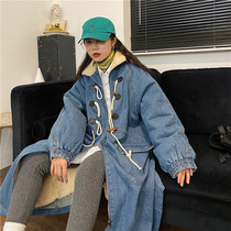 Afraid of trouble in the long horn buckle windbreaker womens 2020 autumn and winter new loose bf lamb wool denim cotton coat jacket