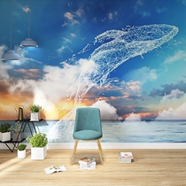 Abstract beautiful blue sky white cloud wallpaper live shooting background wallpaper Net red card hand drawn dolphin three-dimensional mural