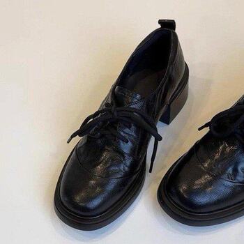 European station~british style retro patent leather round-toe lace-up loafers commuting versatile thick heel small leather shoes for women