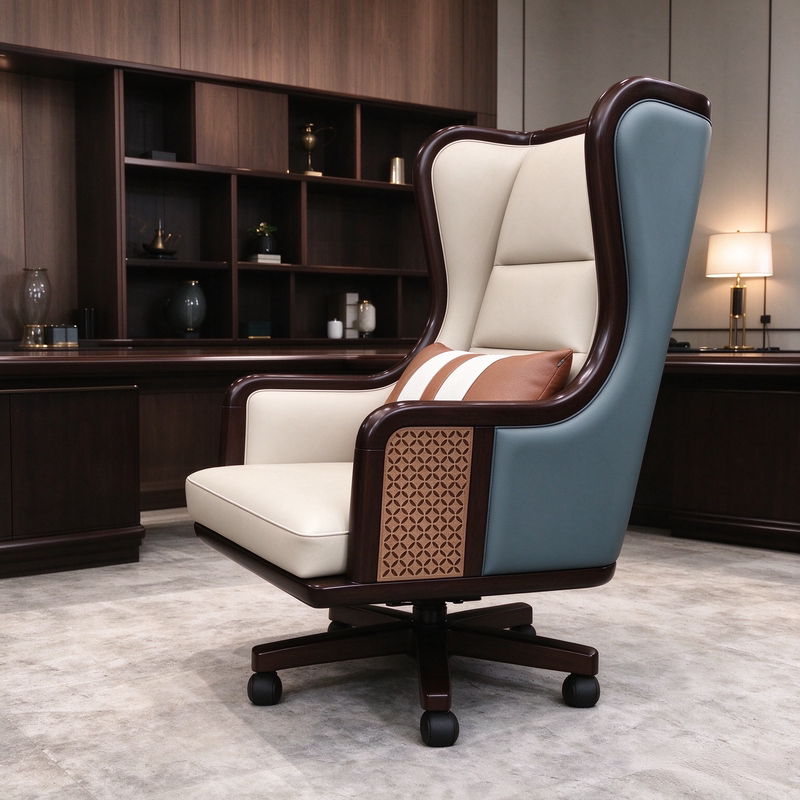 New Chinese-Style Office Solid Wood Executive Chair, North American Black Walnut Wood Swivel High-Back Chair, Genuine Leather Leisure Executive Chair New Chinese-Style Office Solid Wood Executive Chair, North American Black Walnut Wood Swivel High-Back Chair, Genuine Leather Leisure Executive Chair