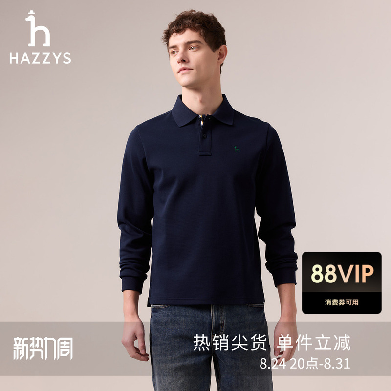Hazzys Autumn Men's Multi-Color Fashionable Casual Lapel Solid Color Long-Sleeved Polo T-Shirt Versatile Top