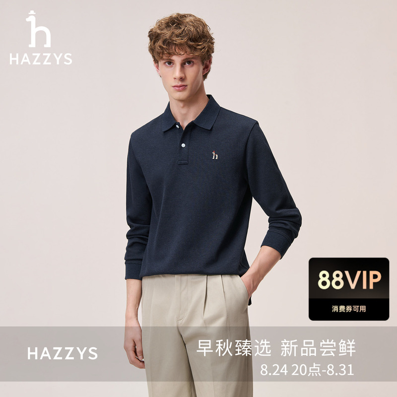 [Retro Polo Collar] Hazzys Haggis Lapel Long-Sleeved T-Shirt Men's Autum Work Clothing Casual Base Layer Top