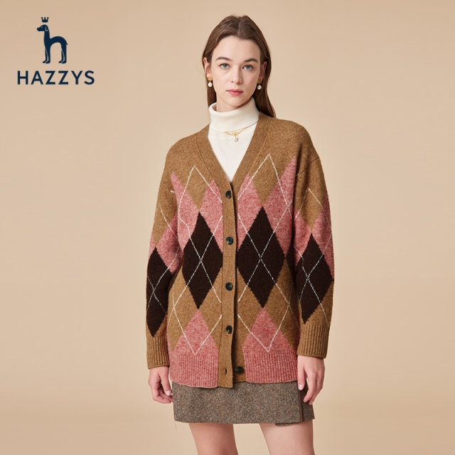 Hazzys Haggis ລະດູຫນາວເພັດ plaid cardigan ຂົນສັດຂອງແມ່ຍິງແບບອັງກິດແບບເສື້ອຄຸມ temperament ຍາວກາງສໍາລັບແມ່ຍິງ