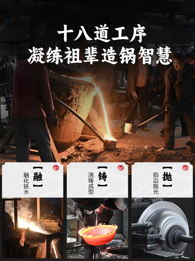 Supor Traditional Uncoated Cast Iron Wok for Home Cooking, Non-Stick Frying Pan, Traditional Craftsmanship, Suitable for Gas and Induction Cookers