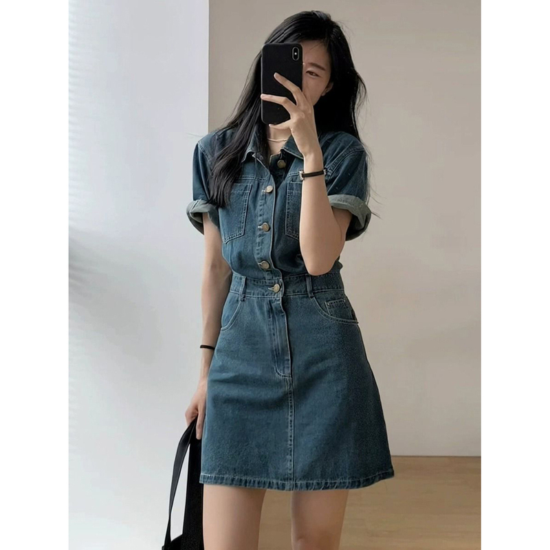 Retro Polo Collar Short-Sleeved Denim Dress Women's Summer Loose Waist Slimming Look Hip A-Line Shirt Short Skirt Retro Polo Collar Short-Sleeved Denim Dress Women's Summer Loose Waist Slimming Look Hip A-Line Shirt Short Skirt