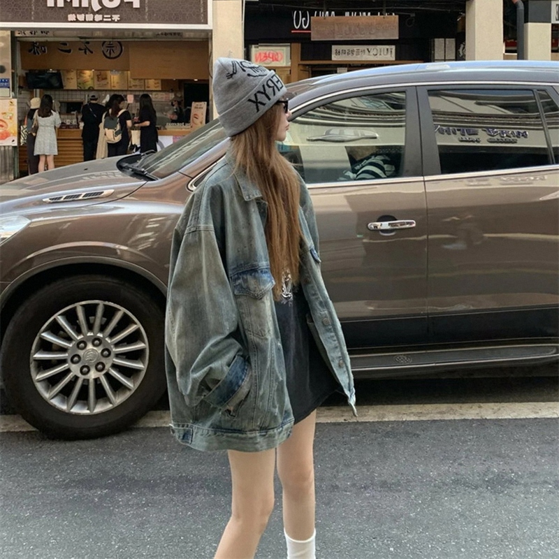 American Retro Distressed Denim Jacket for Women, Spring and Autumn, Loose Fit, Bf Style, Casual, Slimming, Versatile Jacket Top, Trendy American Retro Distressed Denim Jacket for Women, Spring and Autumn, Loose Fit, Bf Style, Casual, Slimming, Versatile Jacket Top, Trendy