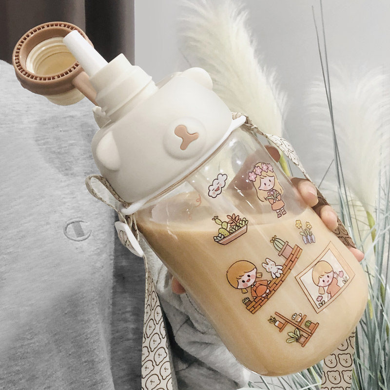 Water cup large size large capacity net red oversized cup children cute high temperature resistant straw cup back strap water bottle portable water bottle