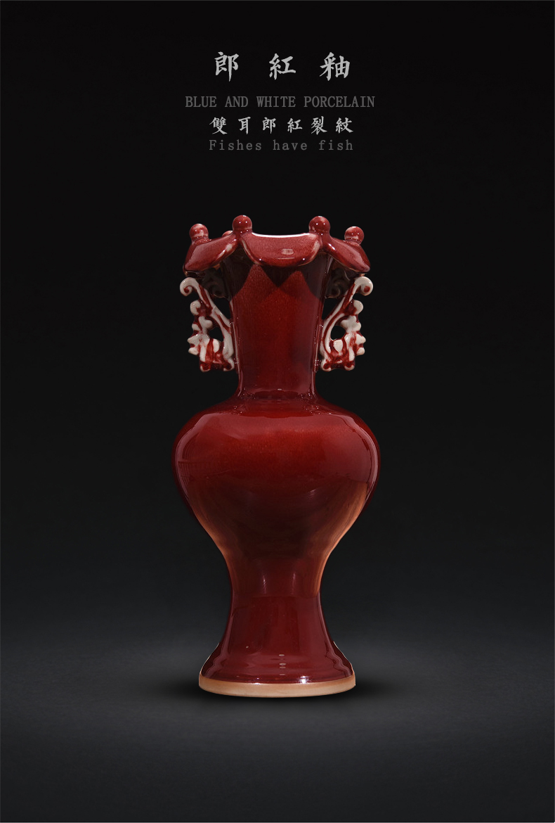 Jingdezhen ceramics lang red glaze up ears vases, new Chinese style household act the role ofing is tasted sitting room adornment is placed the process